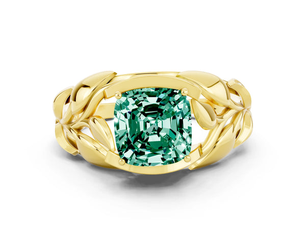 Yellow gold Cushion Cut Green Sapphire Leaf-Inspired Engagement Ring with Round Accents and Prong Setting