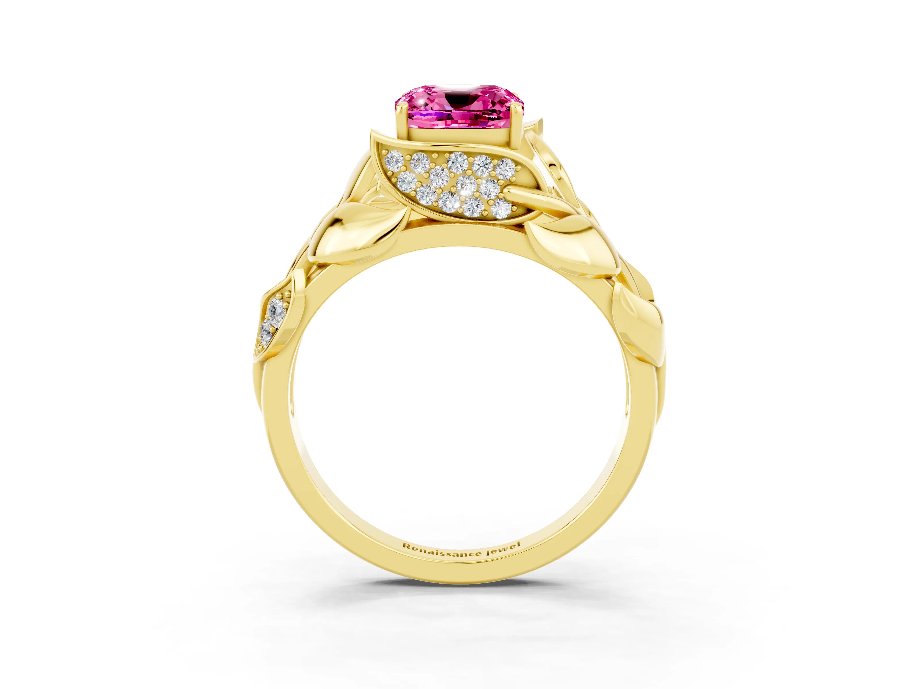 Yellow gold Cushion Cut Solitaire Leaf-Inspired Engagement Ring with Prong Setting_3