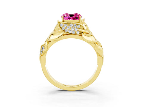 Yellow gold Cushion Cut Solitaire Leaf-Inspired Engagement Ring with Prong Setting_3