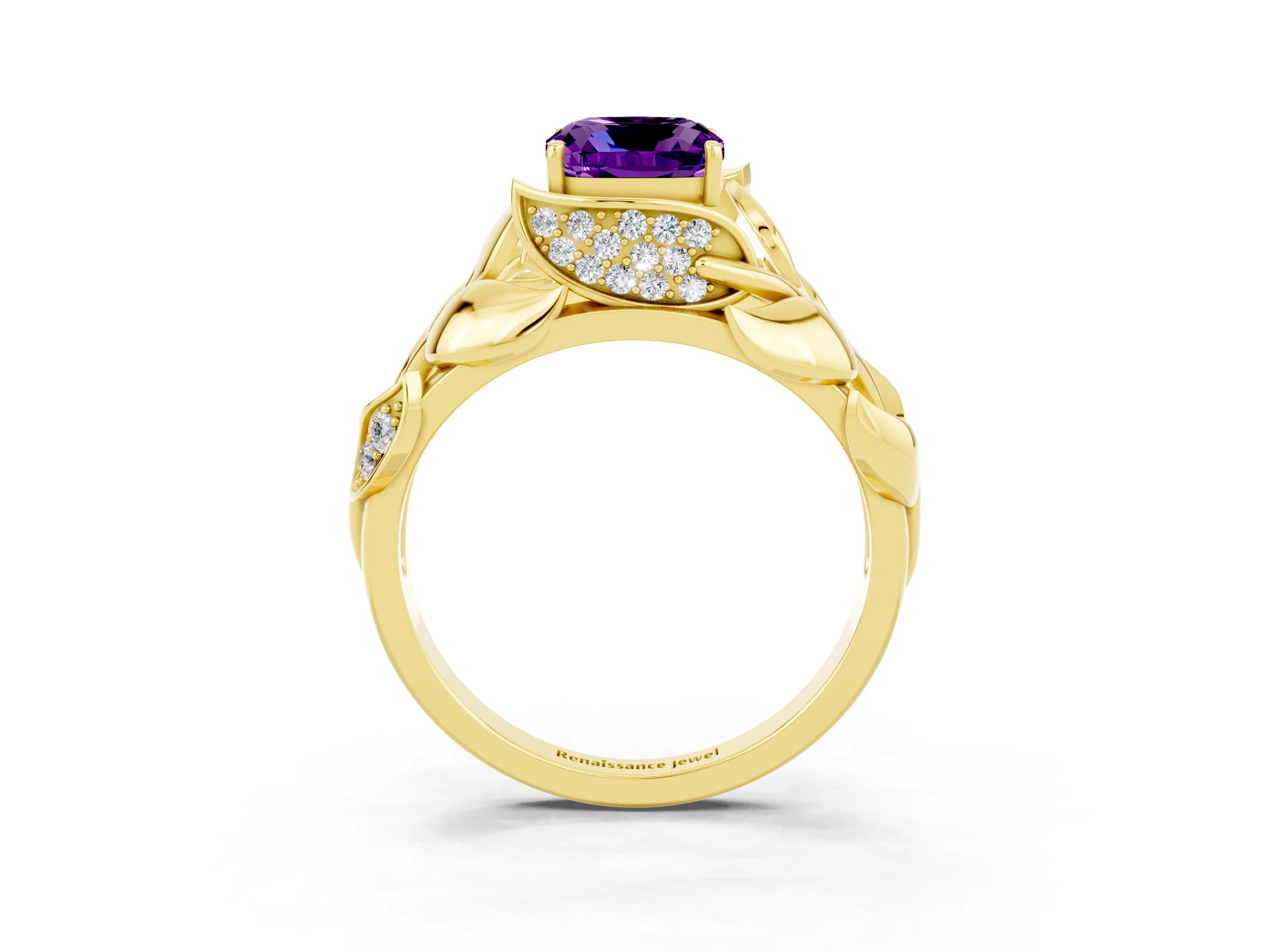 Yellow gold Cushion Cut Solitaire Leaf-Inspired Engagement Ring with Prong Setting_3