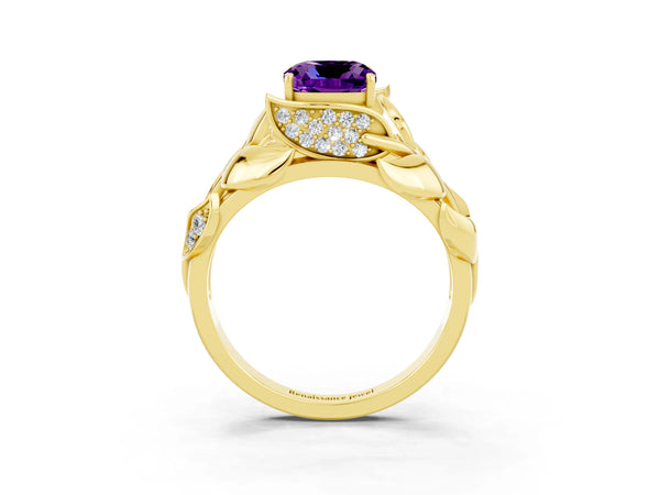 Yellow gold Cushion Cut Amethyst Leaf-Inspired Engagement Ring with Round Accents and Prong Setting