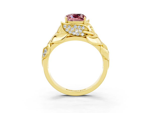 Yellow gold Cushion Cut Solitaire Leaf-Inspired Engagement Ring with Prong Setting
