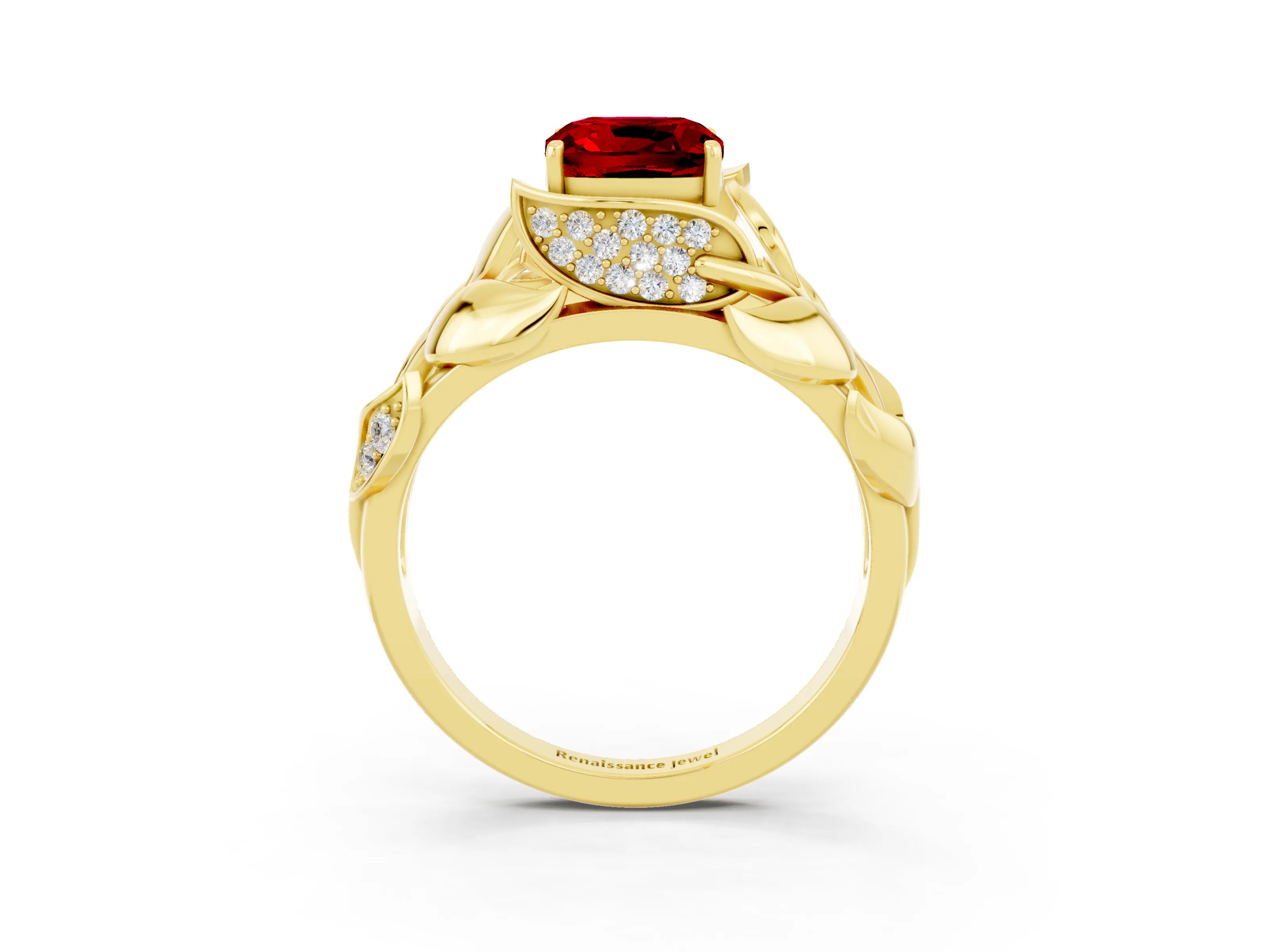 Yellow gold Cushion Cut Solitaire Leaf-Inspired Engagement Ring with Prong Setting_3