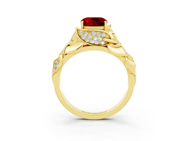Yellow gold Cushion Cut Ruby Leaf-Inspired Engagement Ring with Round Accents and Prong Setting