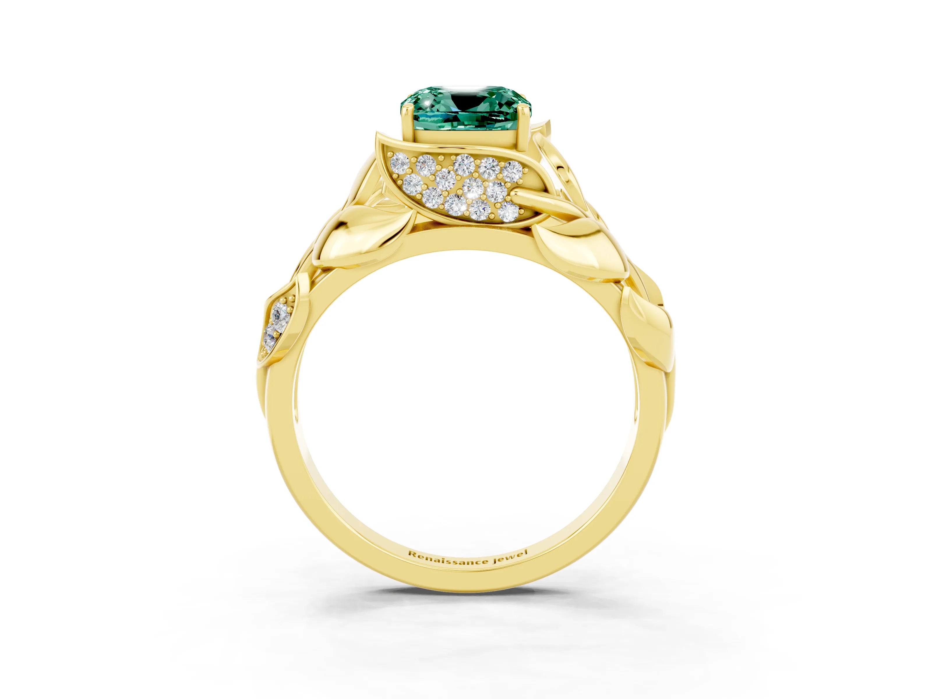 Yellow gold Cushion Cut Solitaire Leaf-Inspired Engagement Ring with Prong Setting_3
