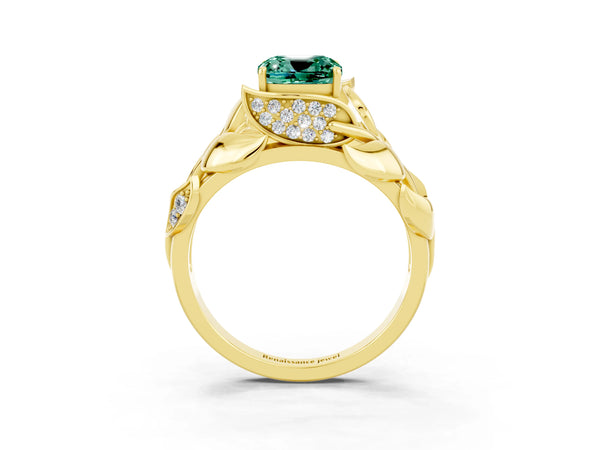 Yellow gold Cushion Cut Green Sapphire Leaf-Inspired Engagement Ring with Round Accents and Prong Setting
