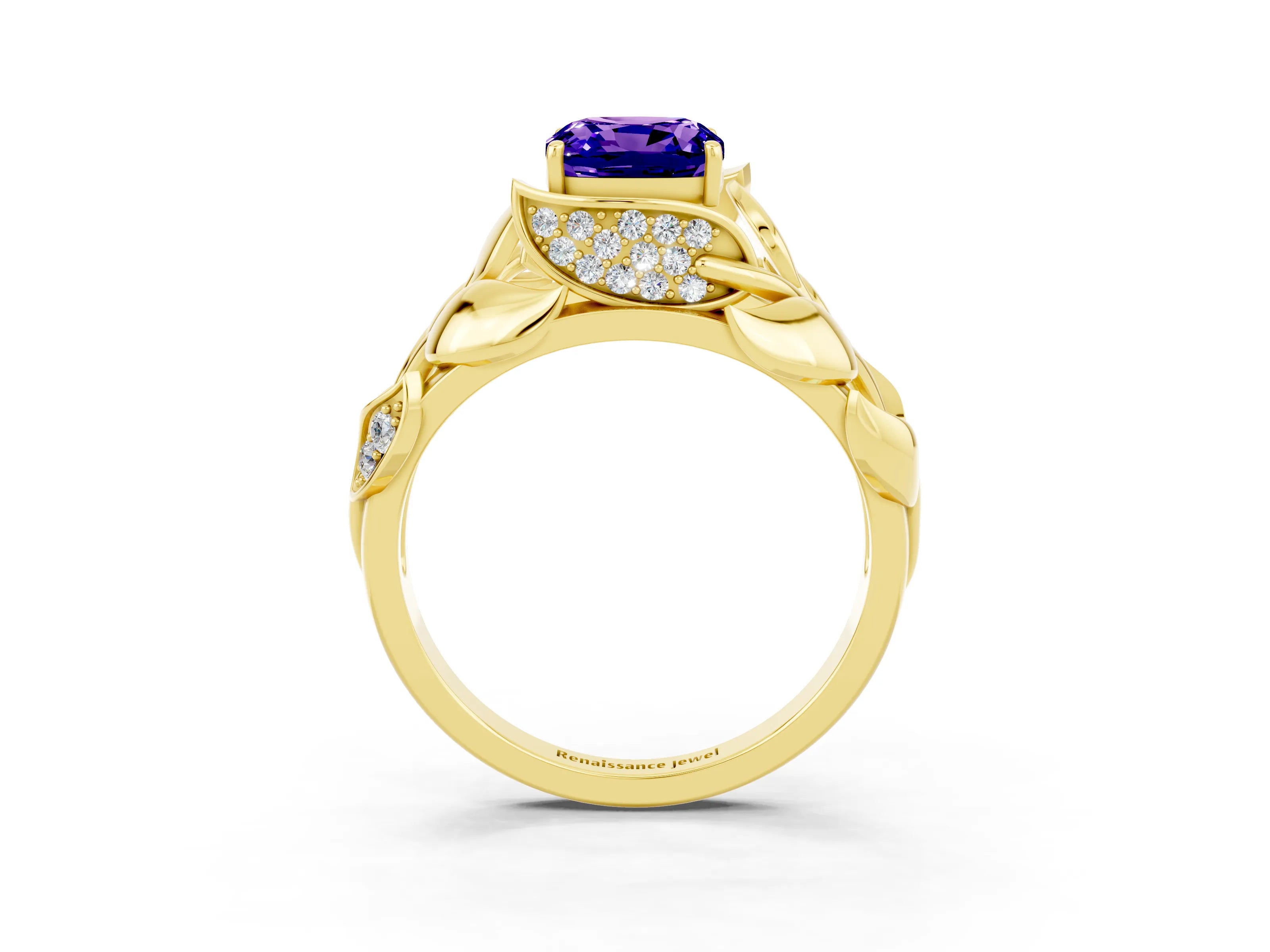 Yellow gold Cushion Cut Solitaire Leaf-Inspired Engagement Ring with Prong Setting_3