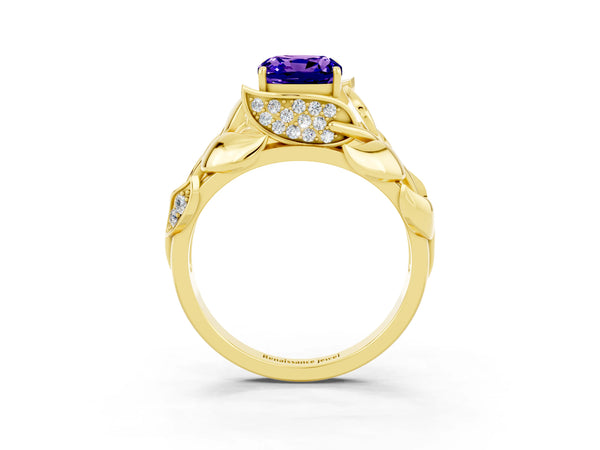 Yellow gold Cushion Cut Tanzanite Leaf-Inspired Engagement Ring with Round Accents and Prong Setting