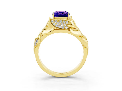 Yellow gold Cushion Cut Solitaire Leaf-Inspired Engagement Ring with Prong Setting_3