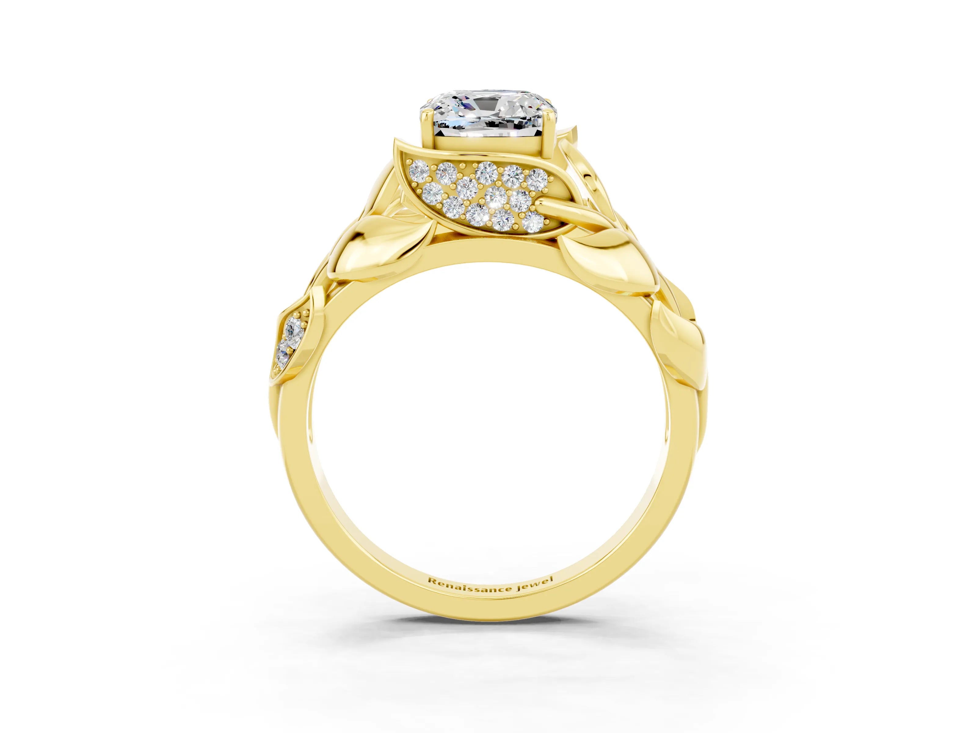 Yellow gold Cushion Cut Solitaire Leaf-Inspired Engagement Ring with Prong Setting_3