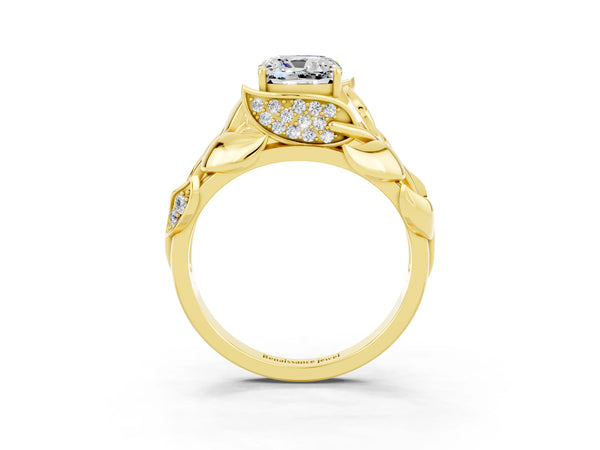 Yellow gold Cushion Cut Moissanite Leaf-Inspired Engagement Ring with Round Accents and Prong Setting
