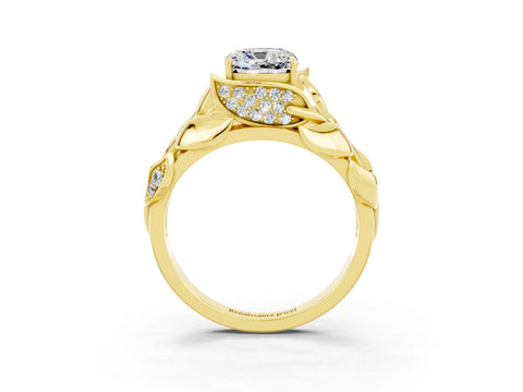 Yellow gold Cushion Cut Solitaire Leaf-Inspired Engagement Ring with Prong Setting_3