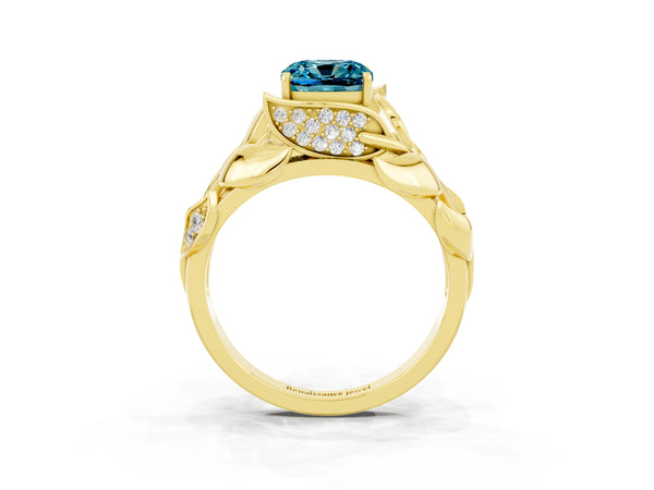 Yellow gold Cushion Cut Solitaire Leaf-Inspired Engagement Ring with Prong Setting