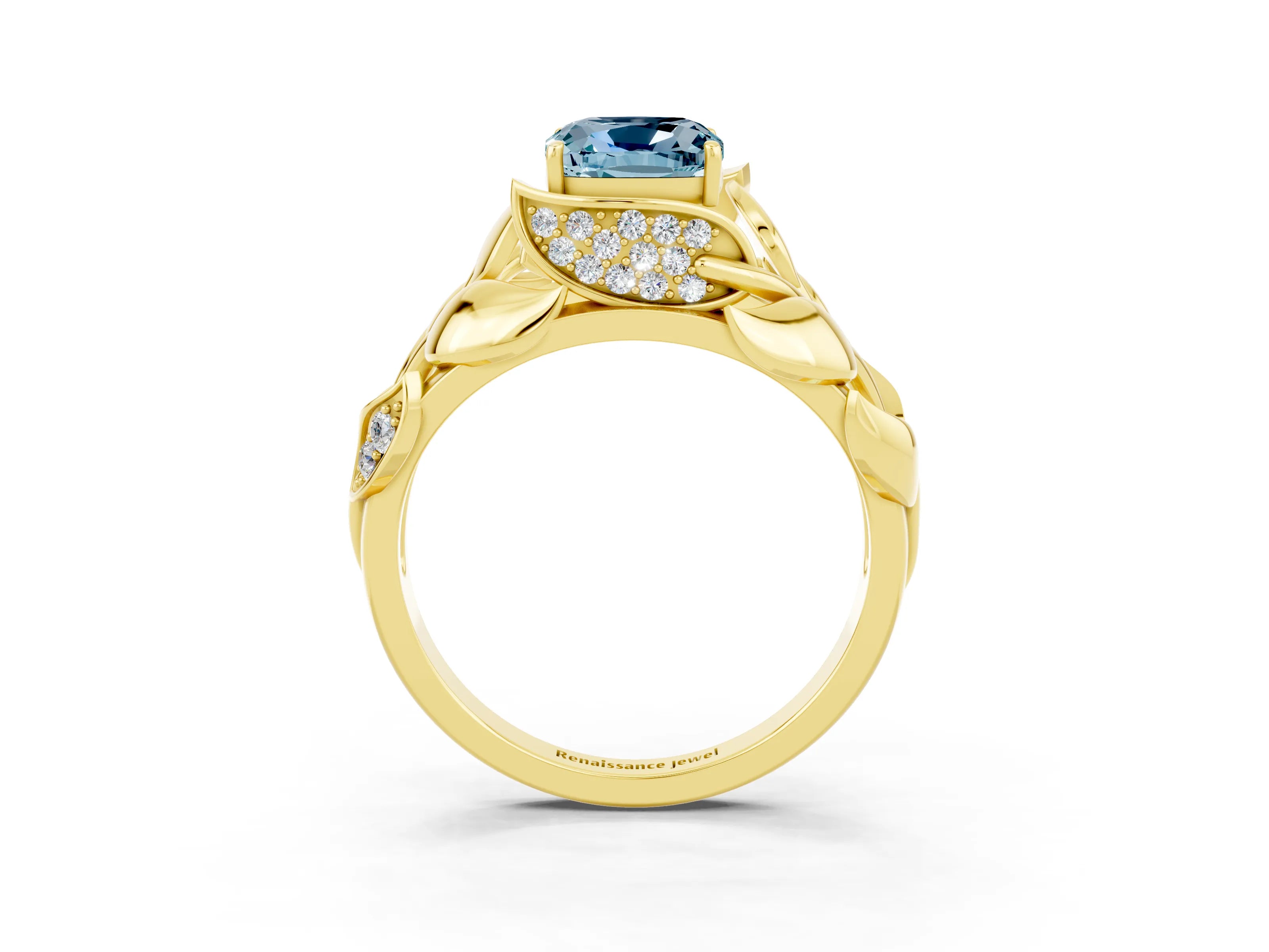 Yellow gold Cushion Cut Solitaire Leaf-Inspired Engagement Ring with Prong Setting_3