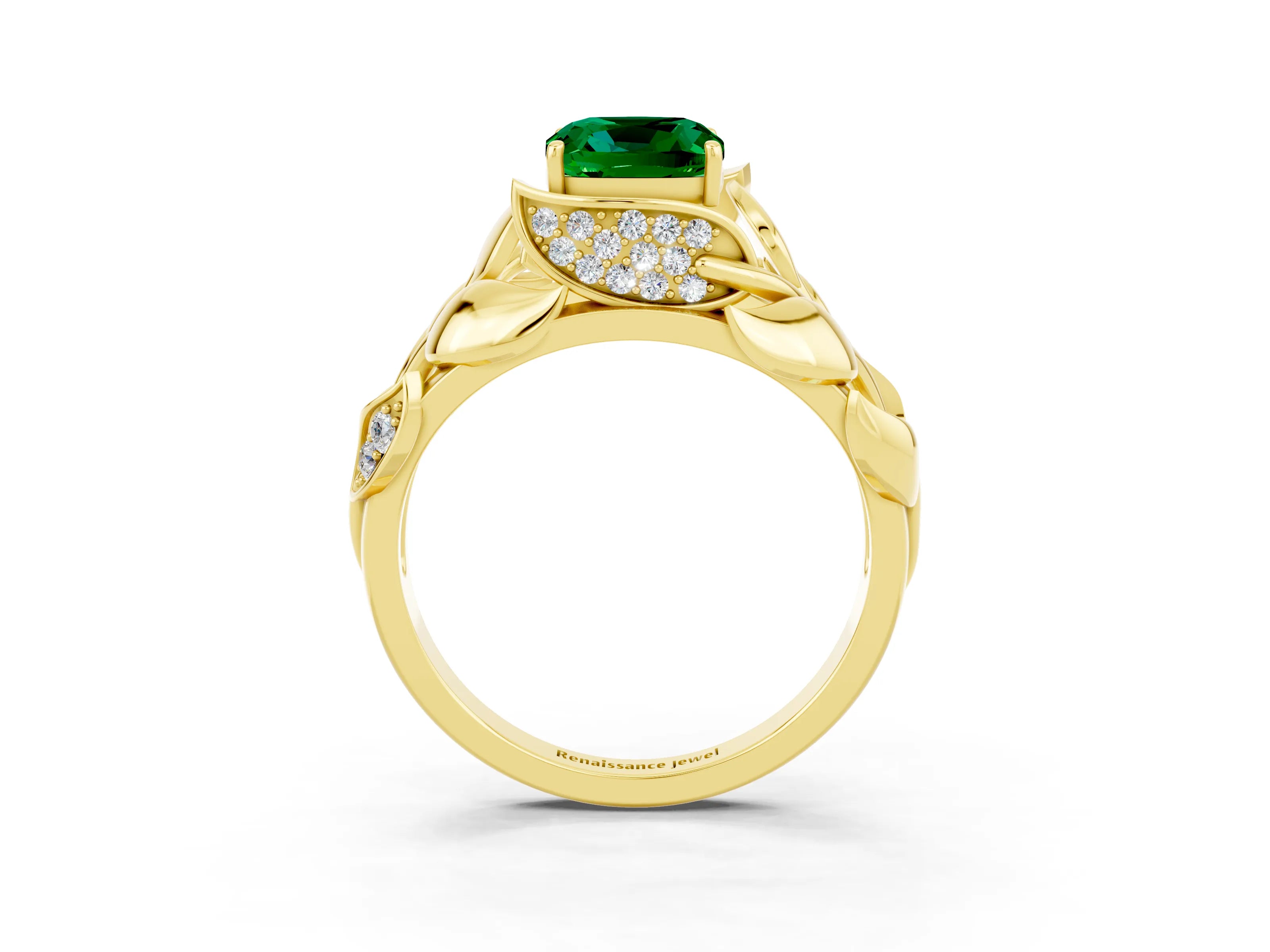 Yellow gold Cushion Cut Solitaire Leaf-Inspired Engagement Ring with Prong Setting_3