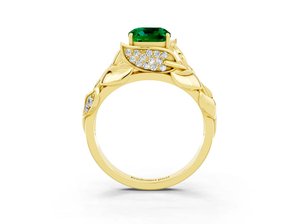 Yellow gold Cushion Cut Emerald Leaf-Inspired Engagement Ring with Round Accents and Prong Setting