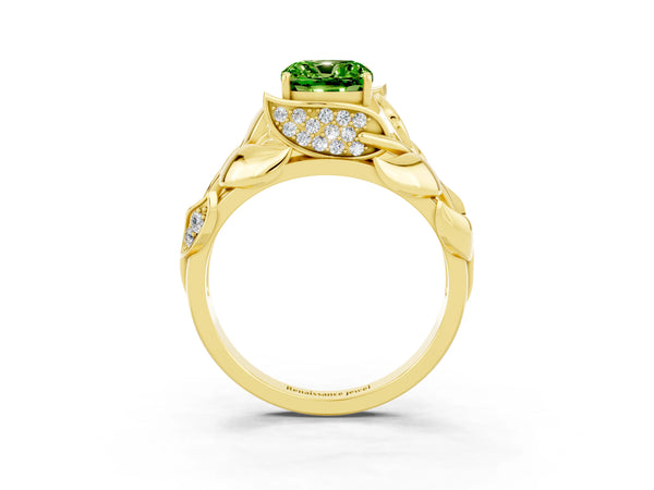 Yellow gold Cushion Cut Solitaire Leaf-Inspired Engagement Ring with Prong Setting