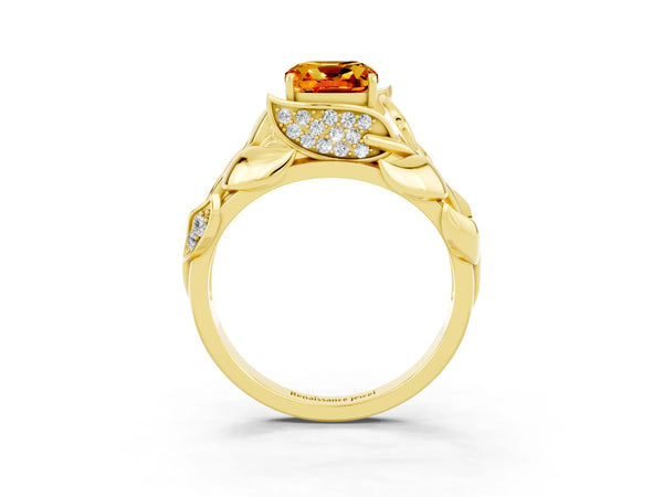 Yellow gold Cushion Cut Citrine Leaf-Inspired Engagement Ring with Round Accents and Prong Setting