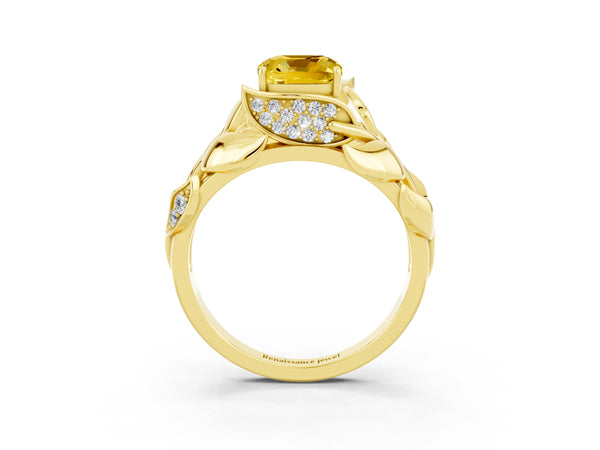 Yellow gold Cushion Cut Yellow Sapphire Leaf-Inspired Engagement Ring with Round Accents and Prong Setting