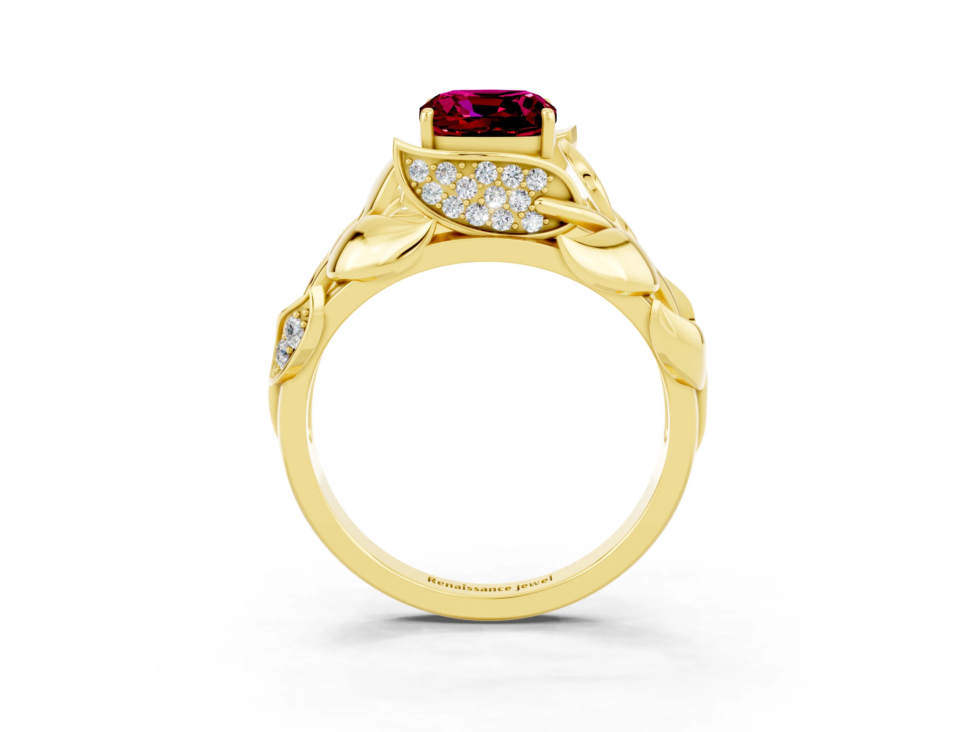 Yellow gold Cushion Cut Solitaire Leaf-Inspired Engagement Ring with Prong Setting_3