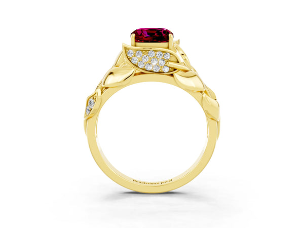 Yellow gold Cushion Cut Garnet Leaf-Inspired Engagement Ring with Round Accents and Prong Setting