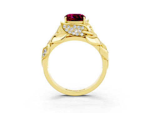 Yellow gold Cushion Cut Solitaire Leaf-Inspired Engagement Ring with Prong Setting_3