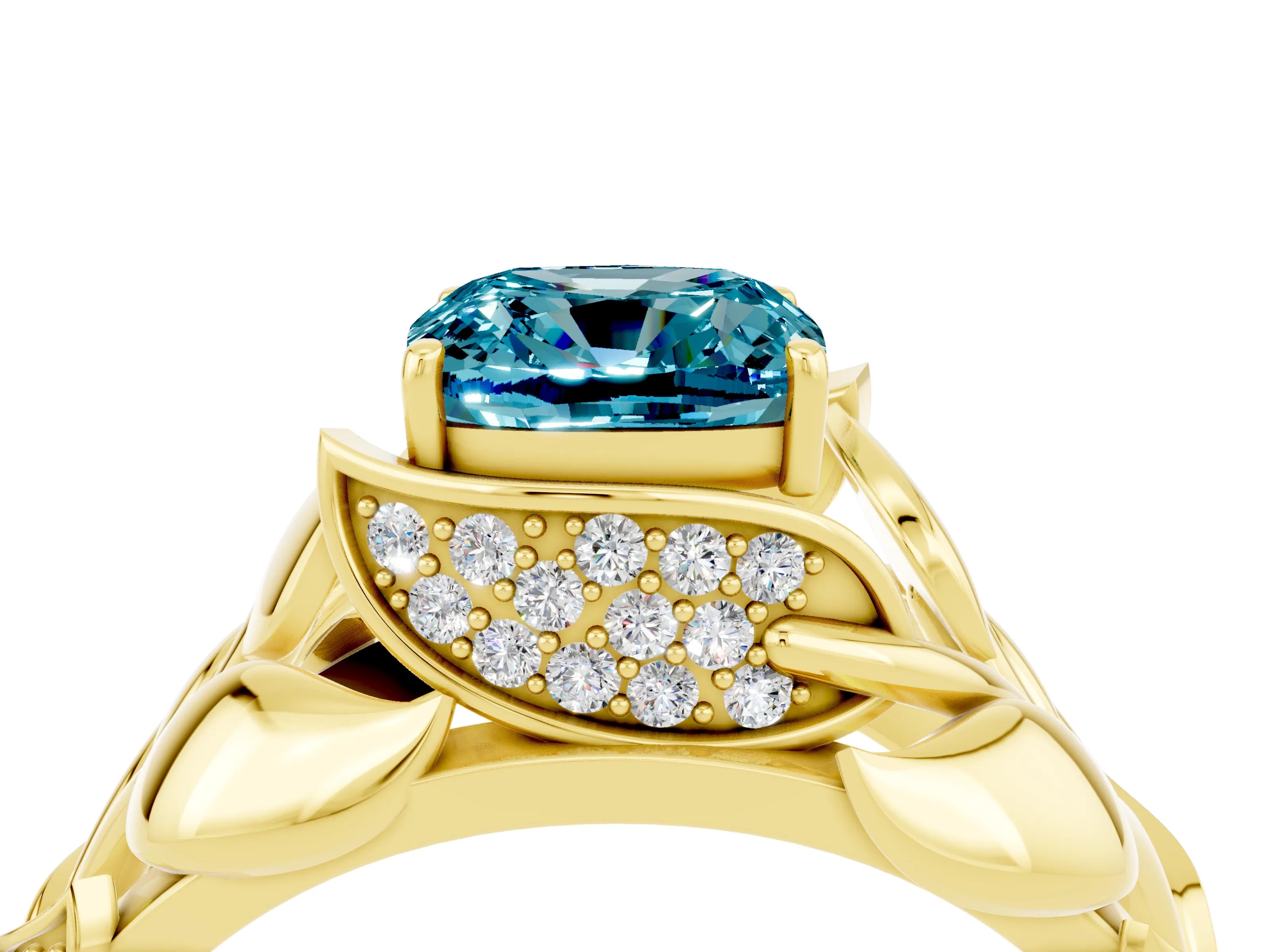 Yellow gold Cushion Cut Solitaire Leaf-Inspired Engagement Ring with Prong Setting_4