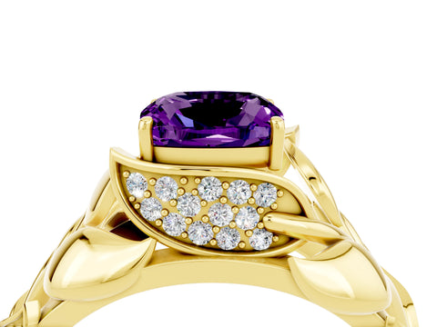 Yellow gold Cushion Cut Solitaire Leaf-Inspired Engagement Ring with Prong Setting_4