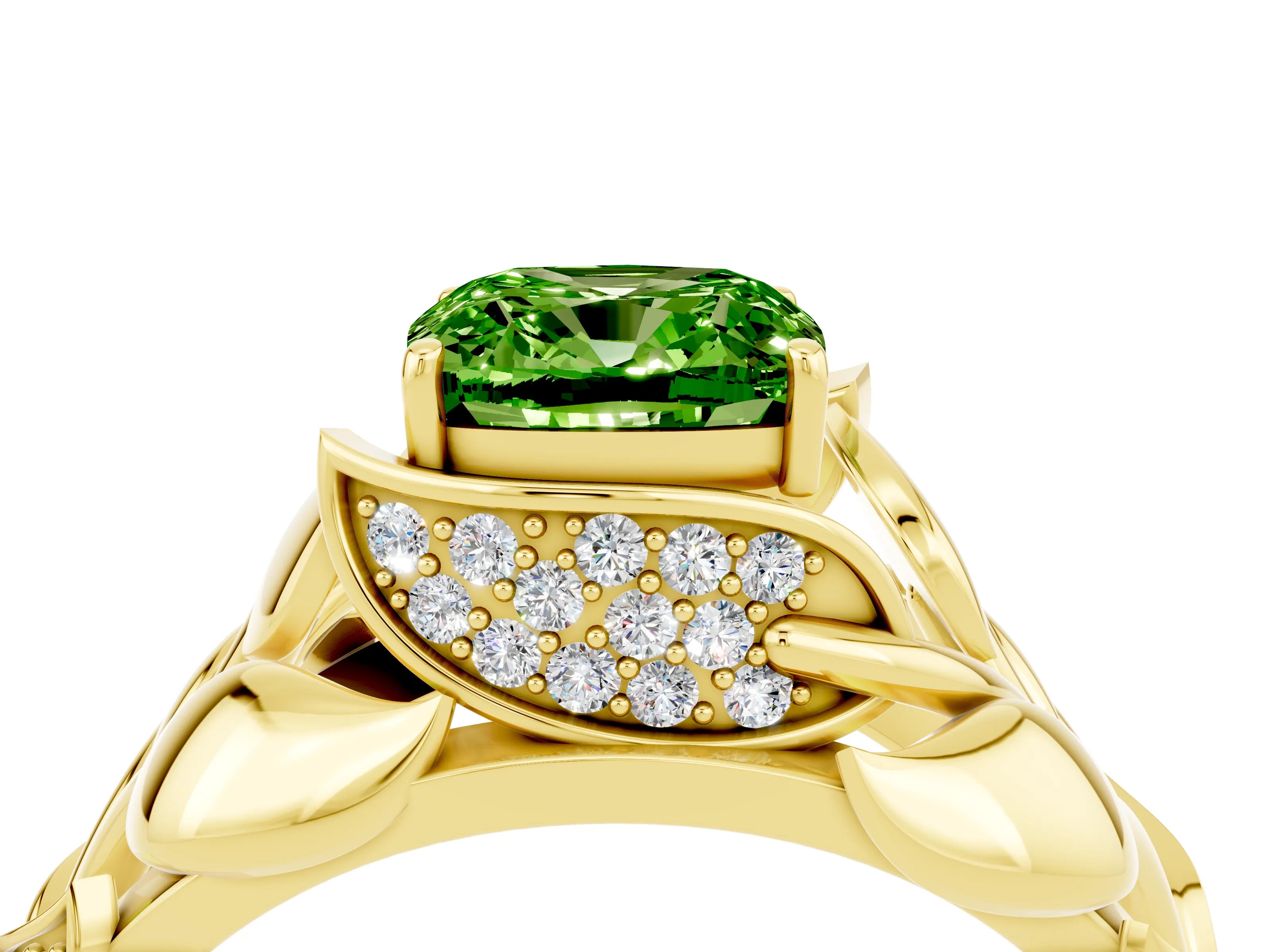 Yellow gold Cushion Cut Solitaire Leaf-Inspired Engagement Ring with Prong Setting_4