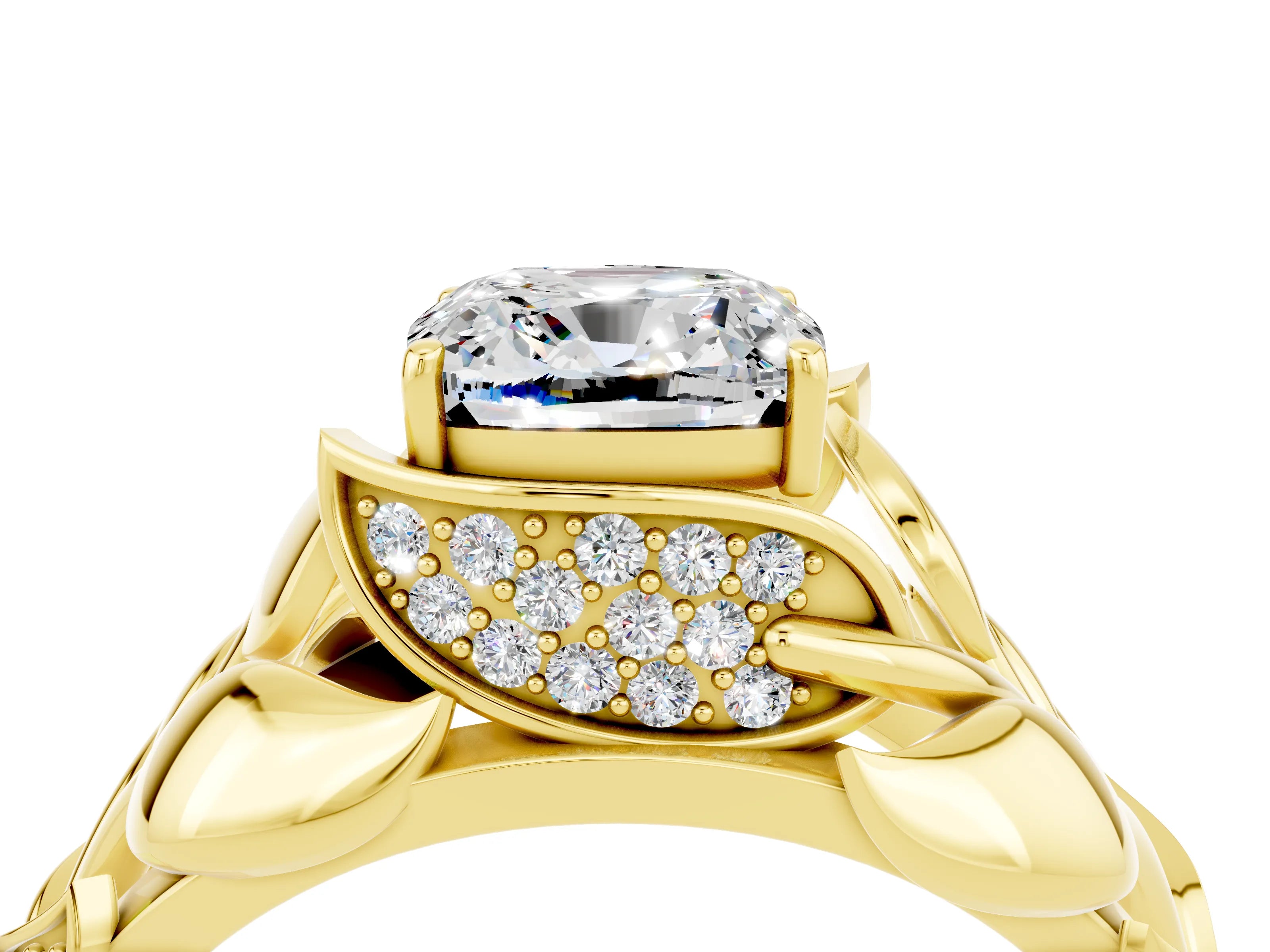 Yellow gold Cushion Cut Solitaire Leaf-Inspired Engagement Ring with Prong Setting_4