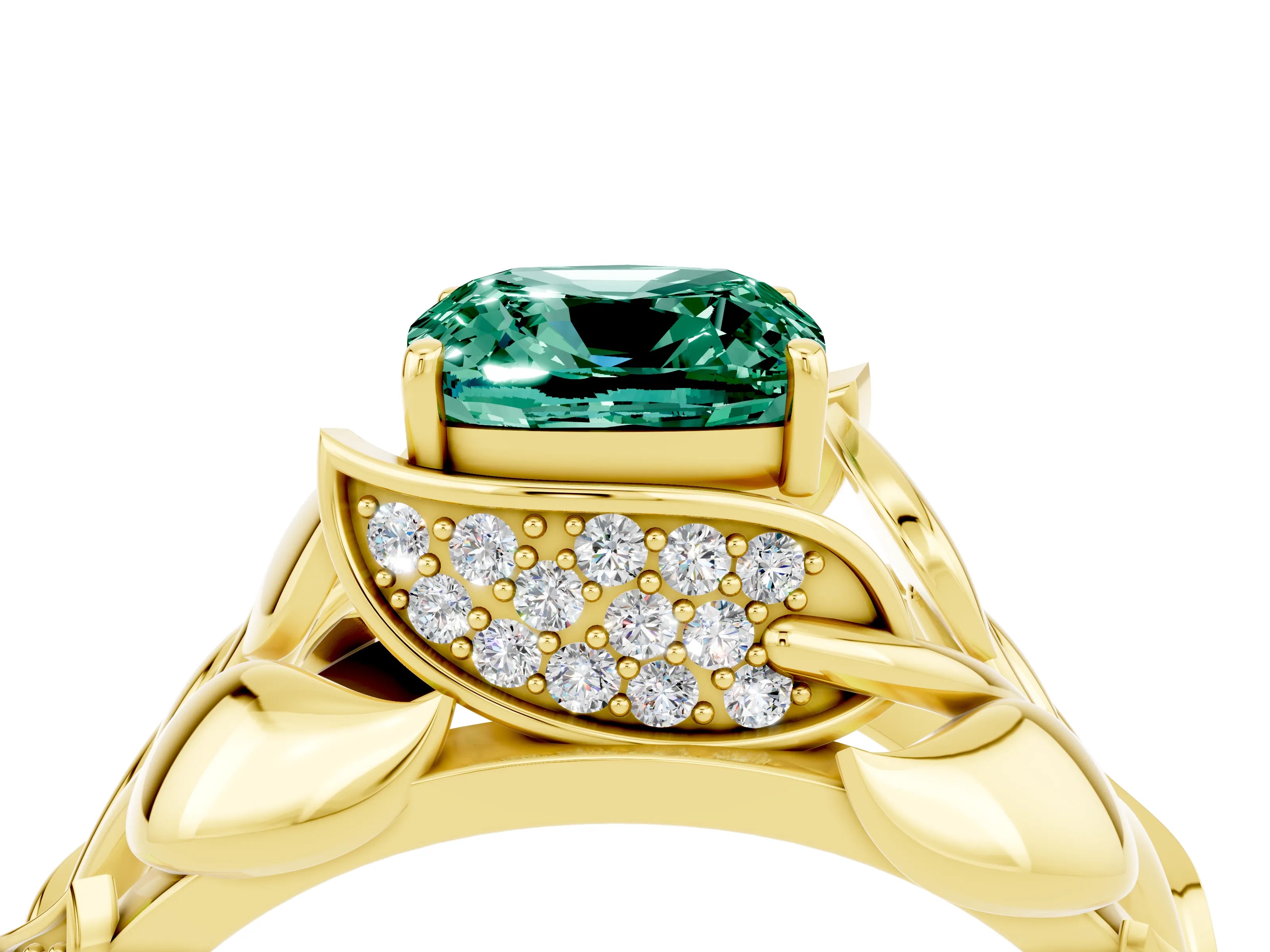 Yellow gold Cushion Cut Solitaire Leaf-Inspired Engagement Ring with Prong Setting_4