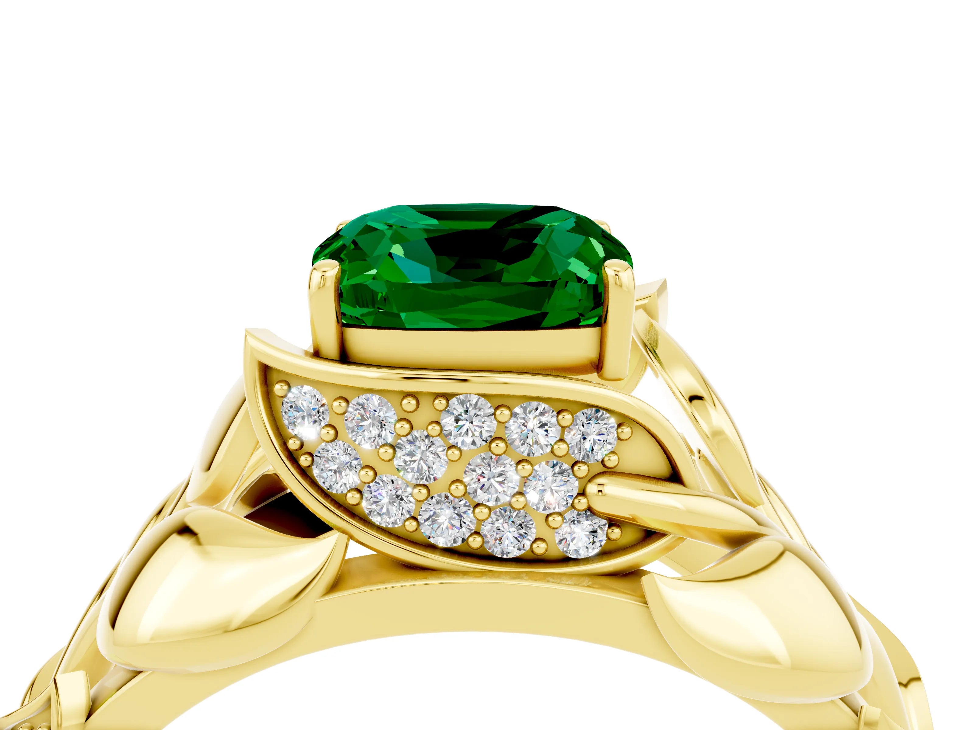 Yellow gold Cushion Cut Solitaire Leaf-Inspired Engagement Ring with Prong Setting_4