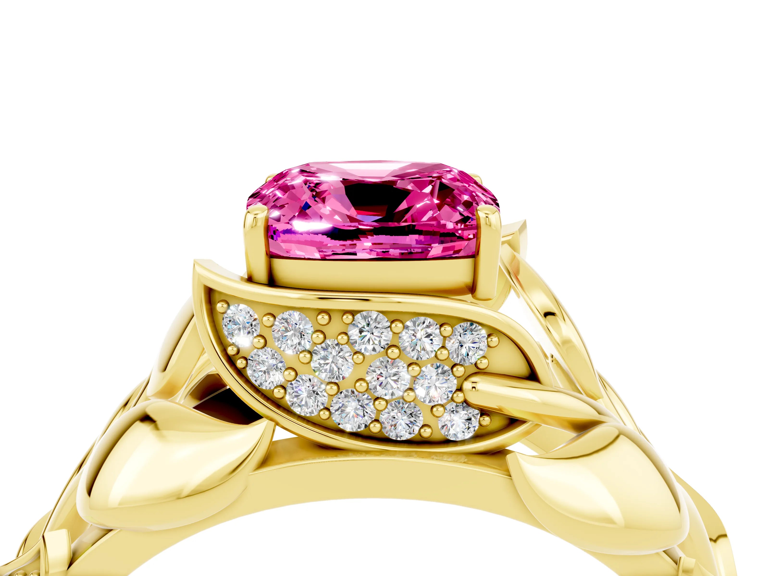 Yellow gold Cushion Cut Solitaire Leaf-Inspired Engagement Ring with Prong Setting_4