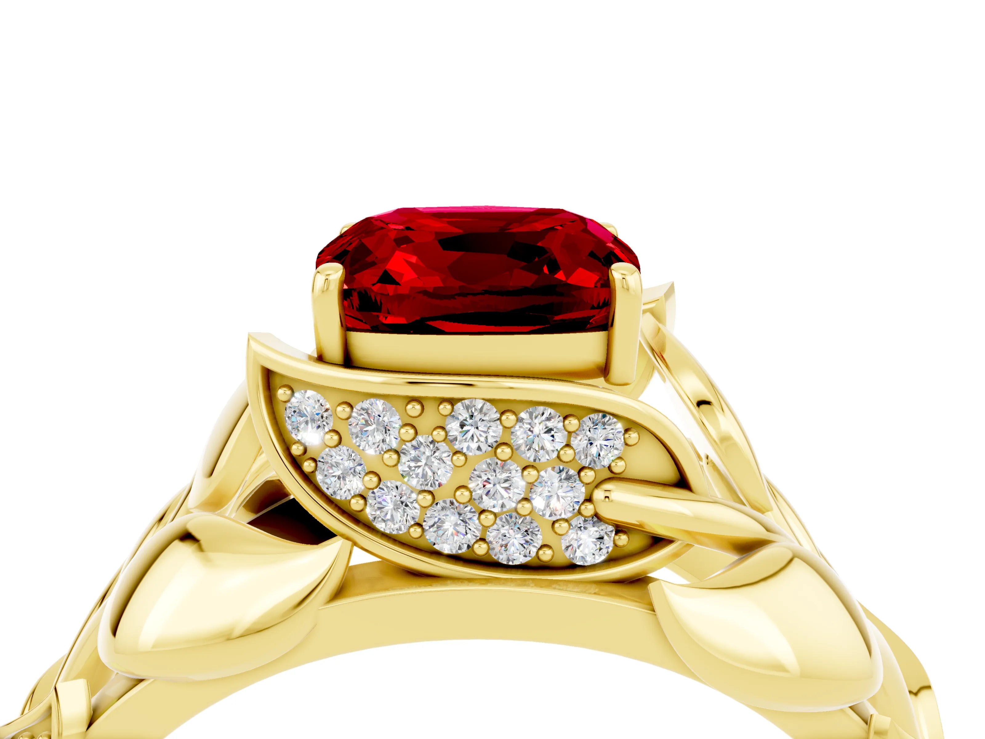 Yellow gold Cushion Cut Solitaire Leaf-Inspired Engagement Ring with Prong Setting_4