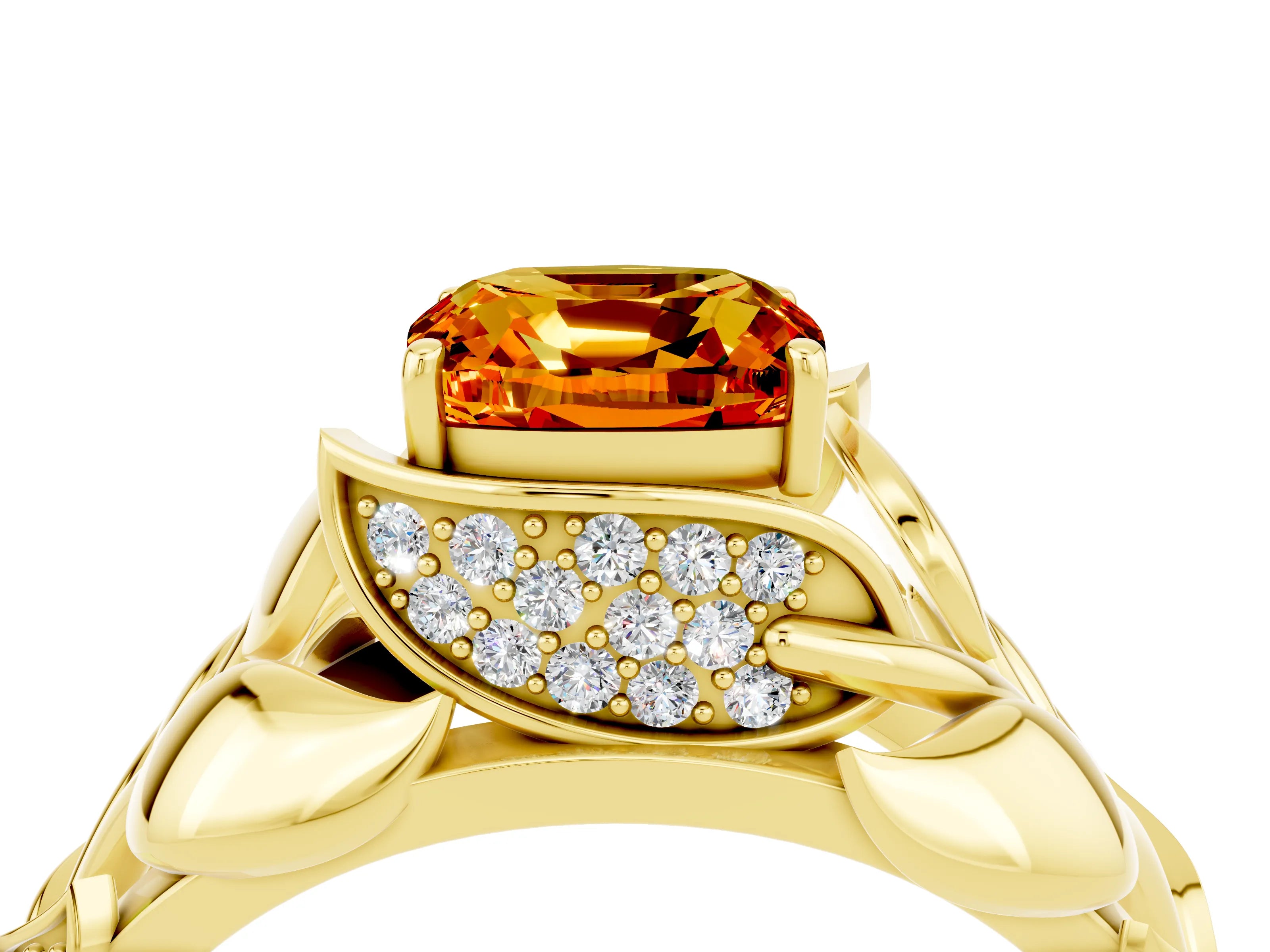 Yellow gold Cushion Cut Solitaire Leaf-Inspired Engagement Ring with Prong Setting_4