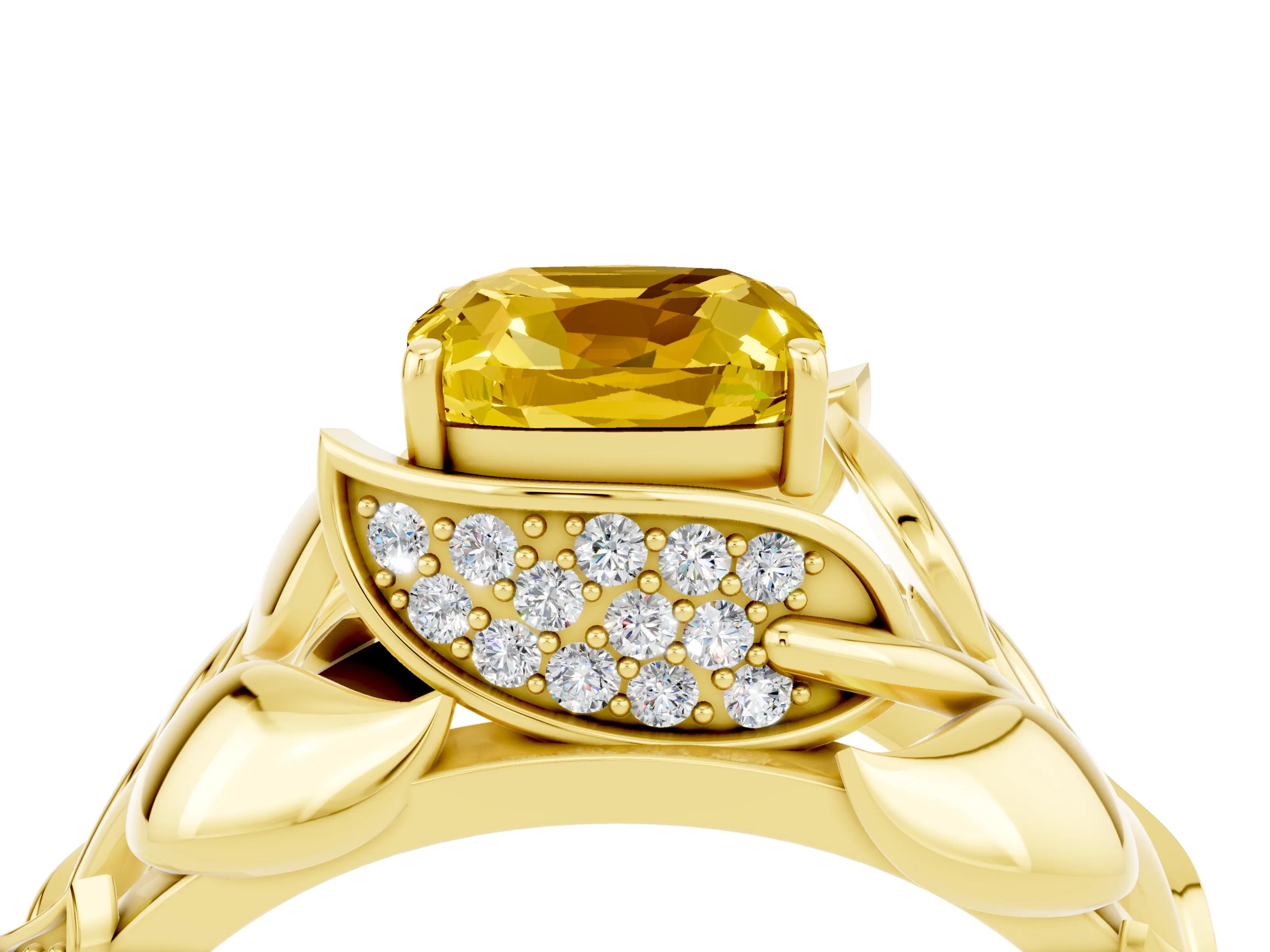 Yellow gold Cushion Cut Solitaire Leaf-Inspired Engagement Ring with Prong Setting_4