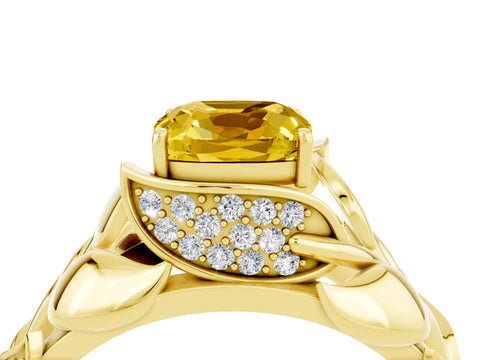 Yellow gold Cushion Cut Solitaire Leaf-Inspired Engagement Ring with Prong Setting_4