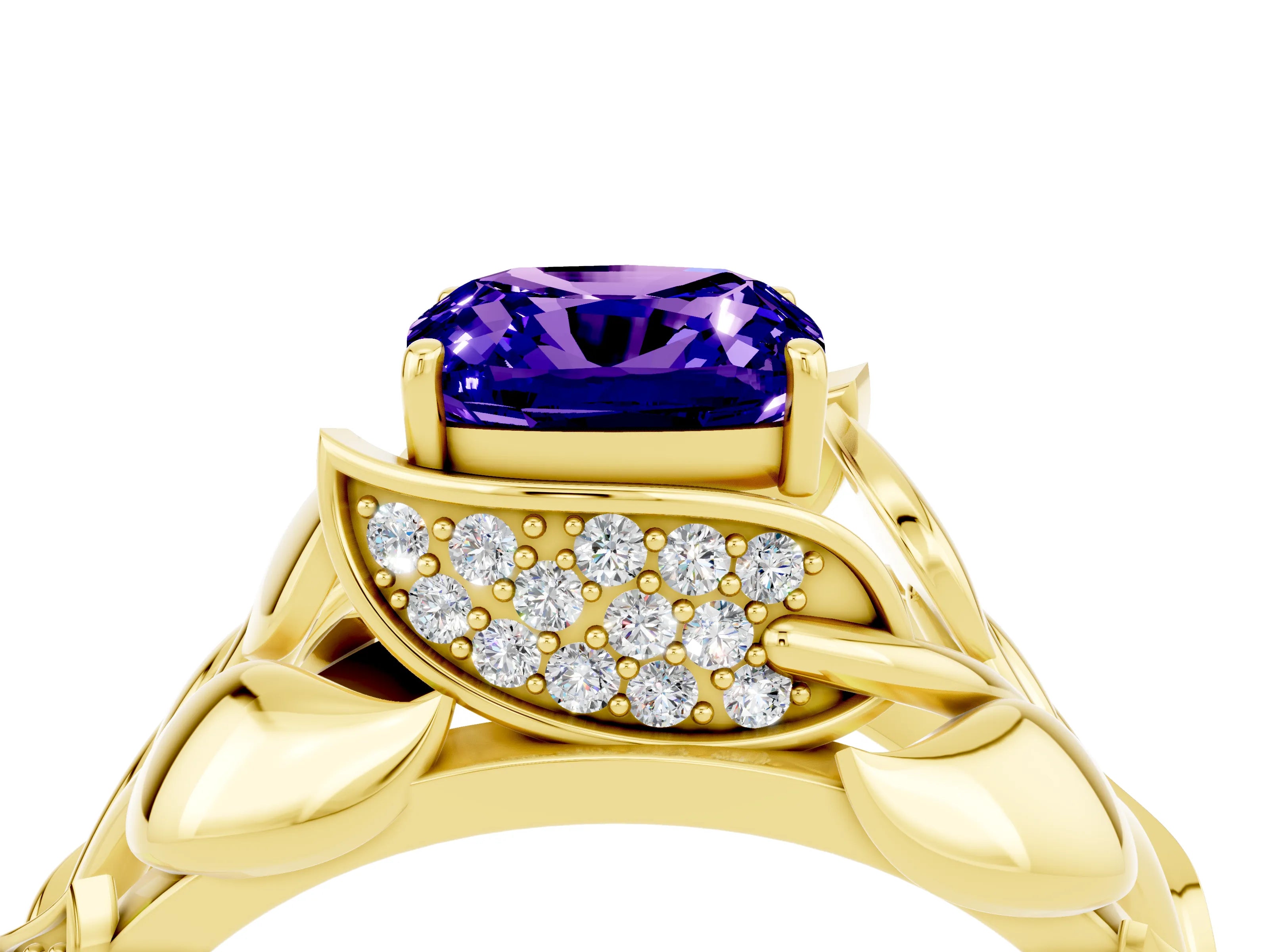 Yellow gold Cushion Cut Solitaire Leaf-Inspired Engagement Ring with Prong Setting_4
