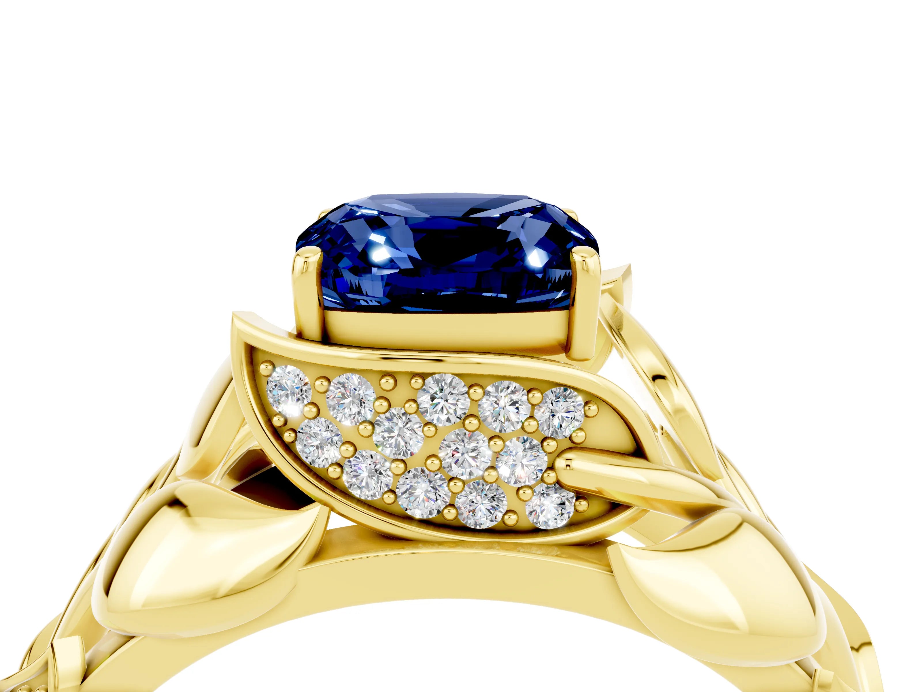 Yellow gold Cushion Cut Solitaire Leaf-Inspired Engagement Ring with Prong Setting_4