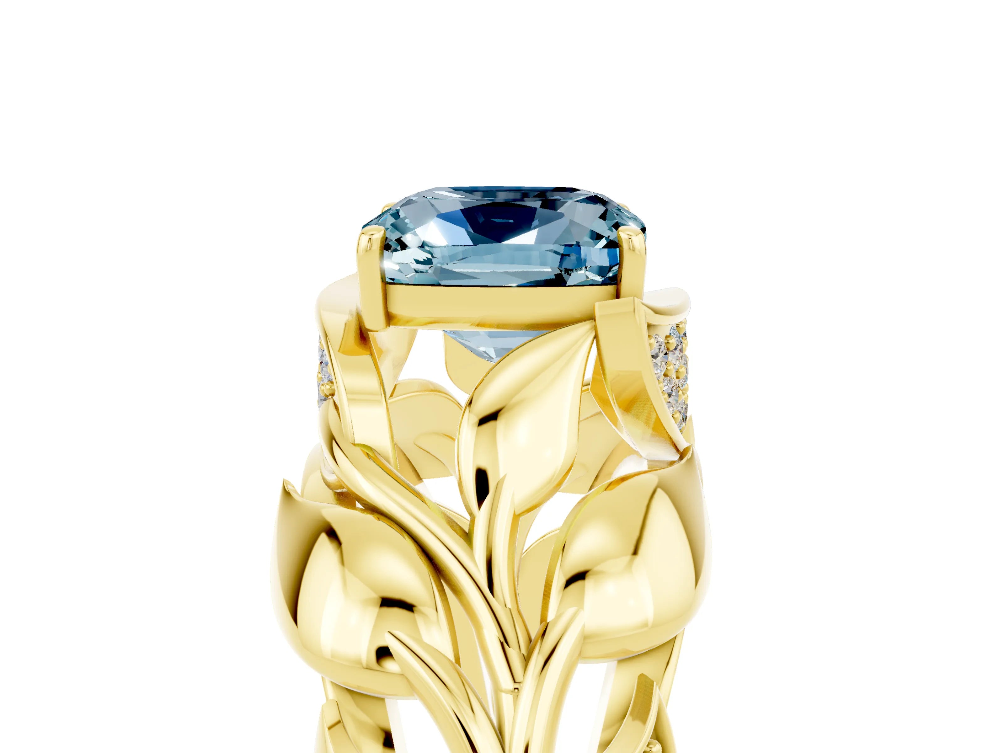 Yellow gold Cushion Cut Solitaire Leaf-Inspired Engagement Ring with Prong Setting_5