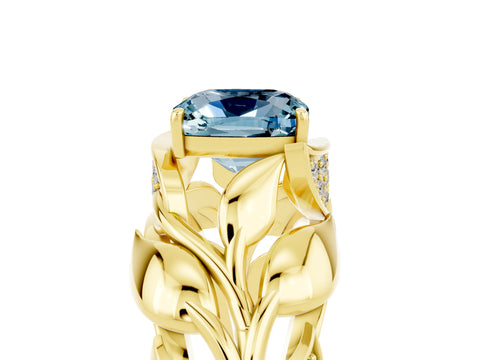 Yellow gold Cushion Cut Solitaire Leaf-Inspired Engagement Ring with Prong Setting_5