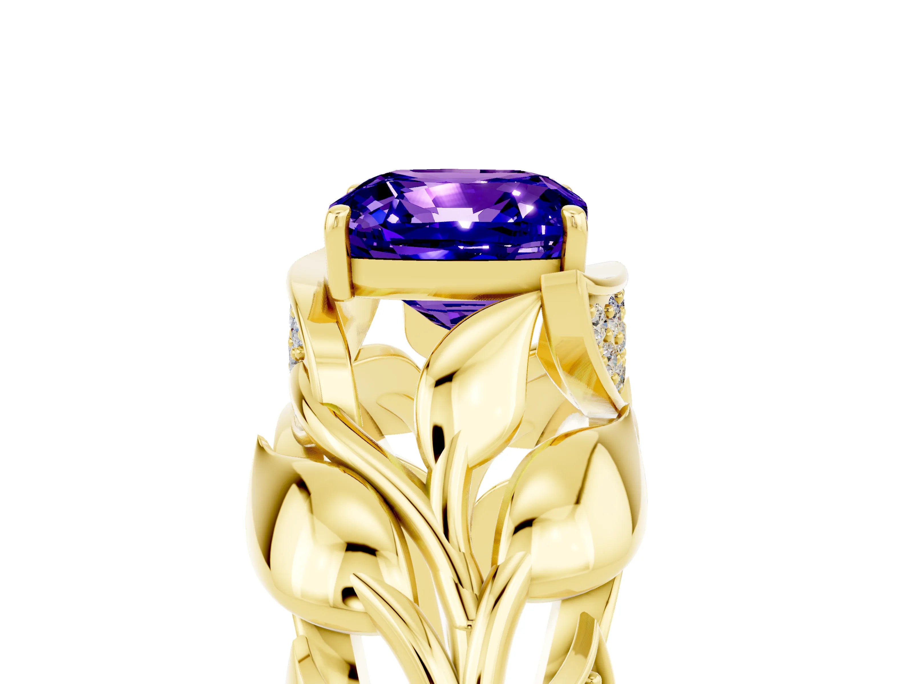 Yellow gold Cushion Cut Solitaire Leaf-Inspired Engagement Ring with Prong Setting_5