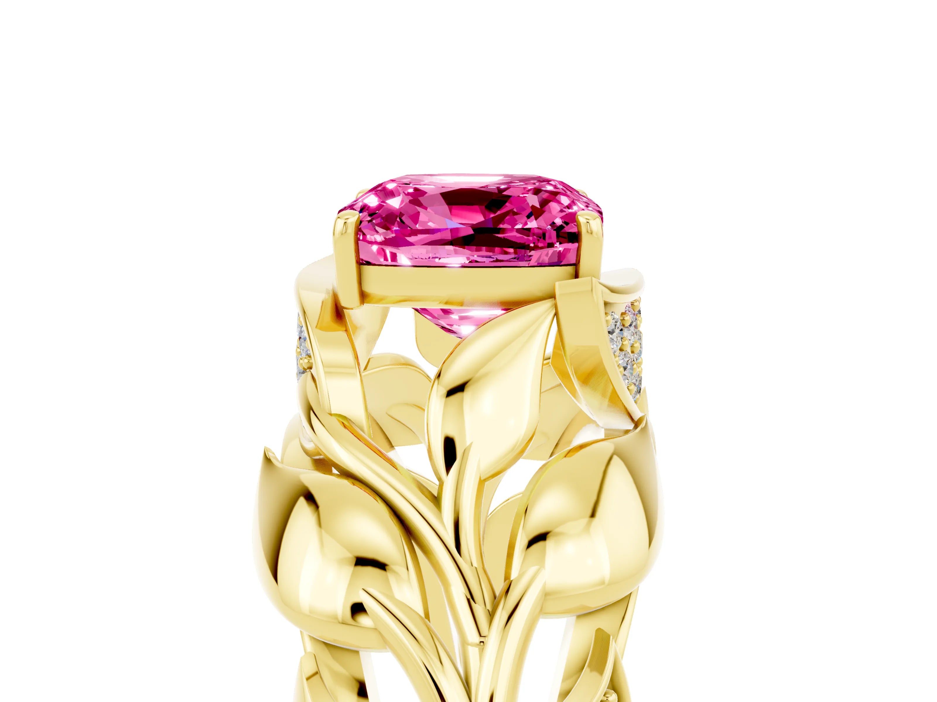 Yellow gold Cushion Cut Solitaire Leaf-Inspired Engagement Ring with Prong Setting_5