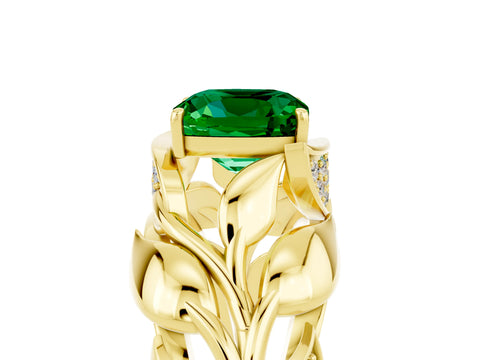 Yellow gold Cushion Cut Solitaire Leaf-Inspired Engagement Ring with Prong Setting_5