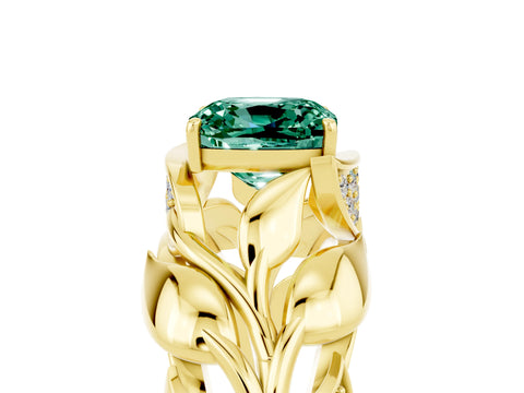 Yellow gold Cushion Cut Solitaire Leaf-Inspired Engagement Ring with Prong Setting_5