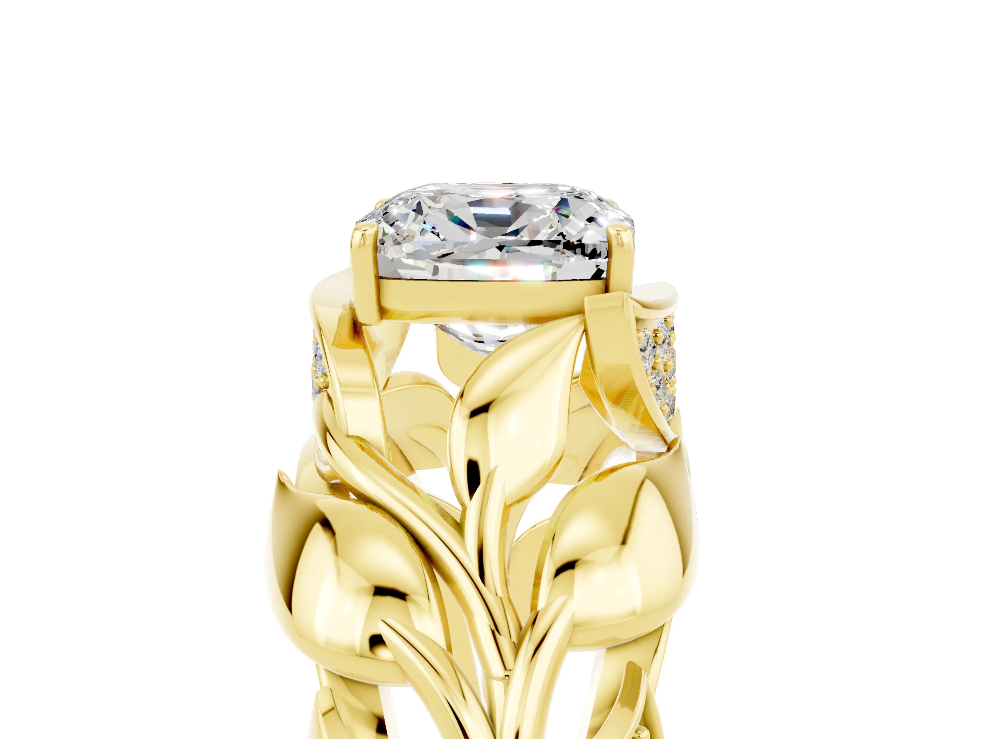Yellow gold Cushion Cut Solitaire Leaf-Inspired Engagement Ring with Prong Setting_5