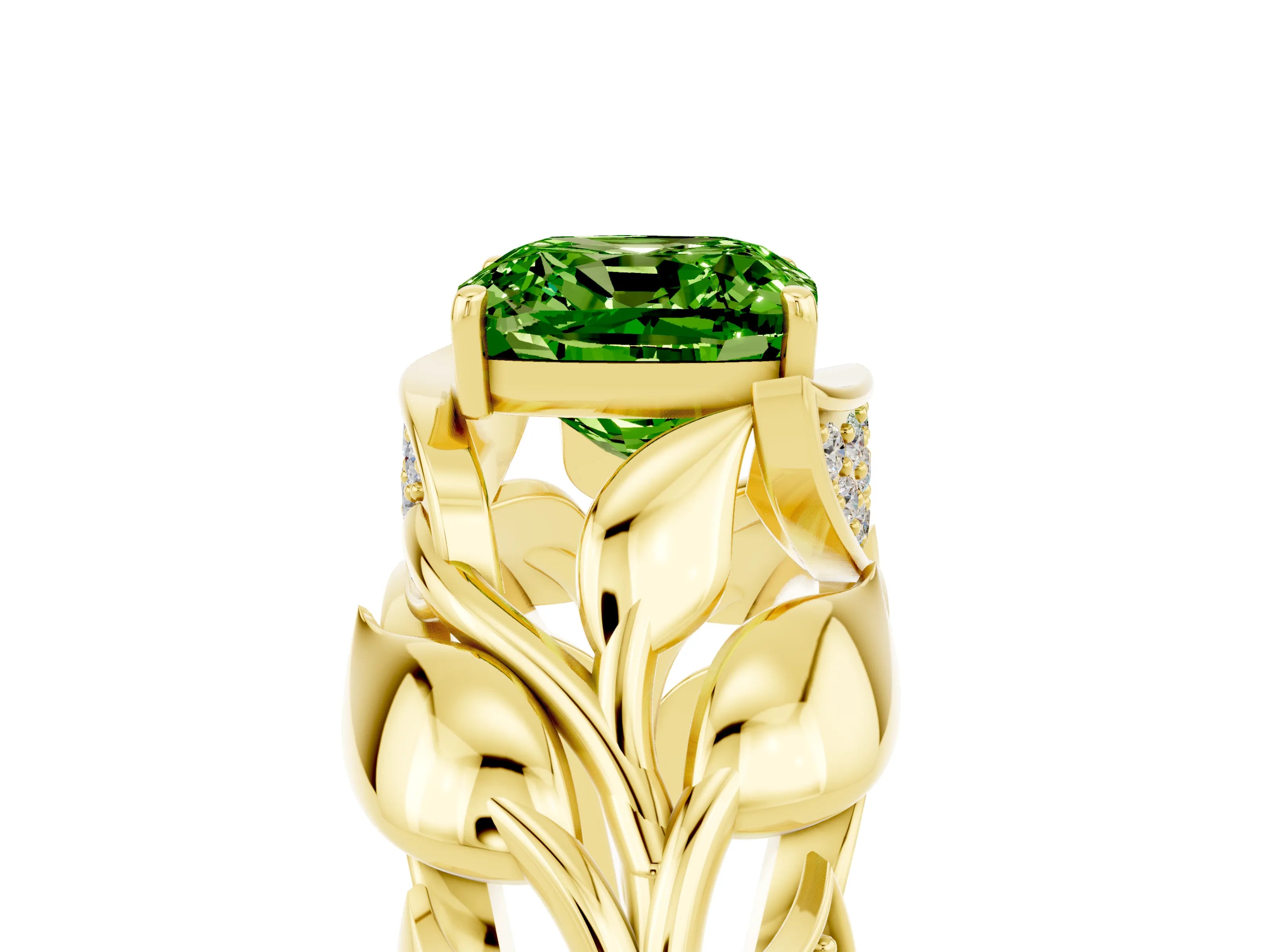 Yellow gold Cushion Cut Solitaire Leaf-Inspired Engagement Ring with Prong Setting_5