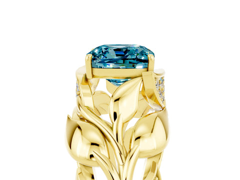 Yellow gold Cushion Cut Solitaire Leaf-Inspired Engagement Ring with Prong Setting_5