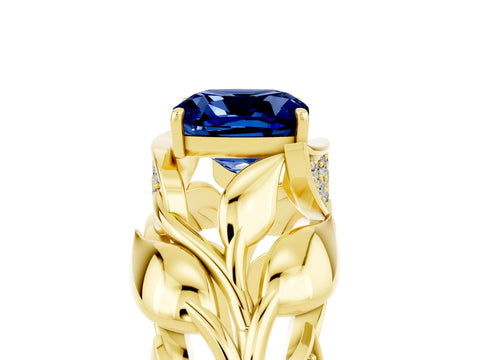 Yellow gold Cushion Cut Solitaire Leaf-Inspired Engagement Ring with Prong Setting_5