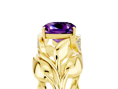 Yellow gold Cushion Cut Solitaire Leaf-Inspired Engagement Ring with Prong Setting_5